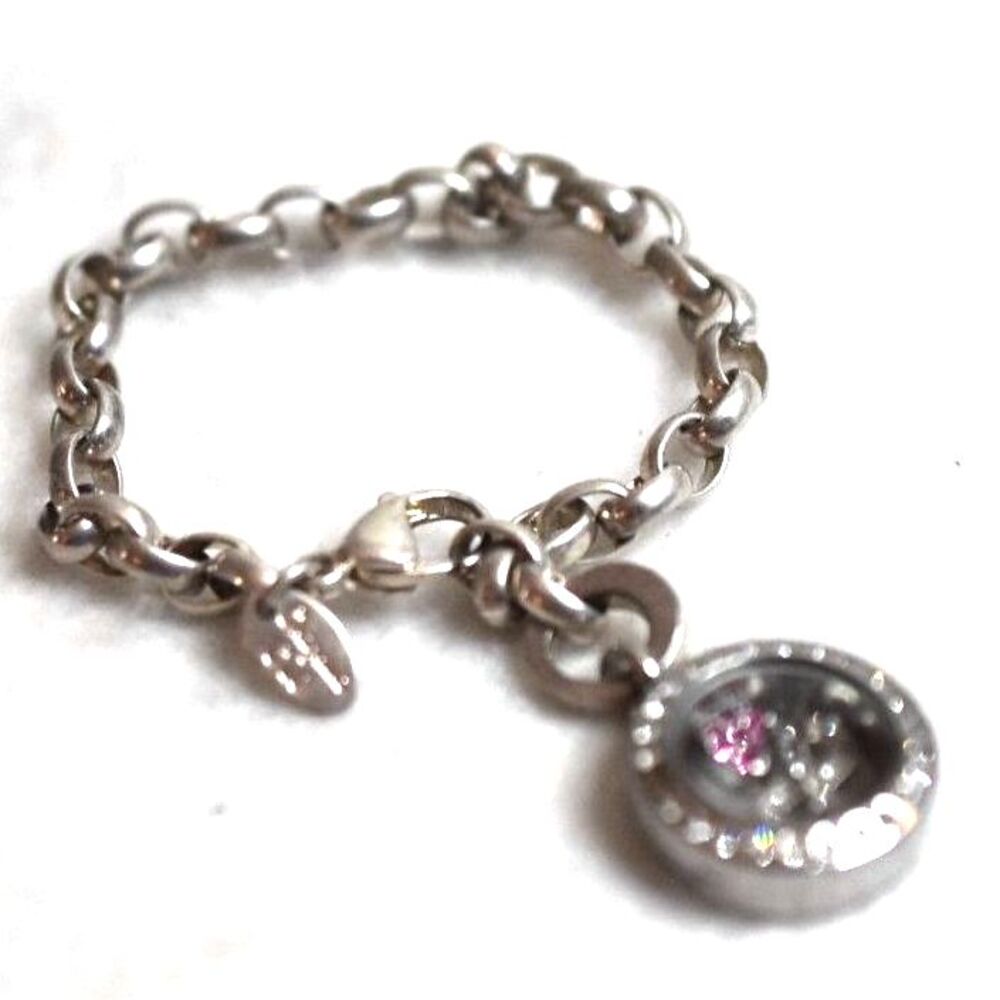 Origami Owl Silver Tone Link Chain Rhinestone Heart/Locket 6 Inch Charm Bracelet
